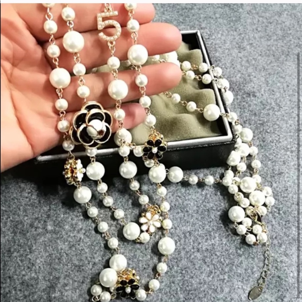 New Pearl Camellia Number5 Flower Double Long Necklace - Picture 3 of 17